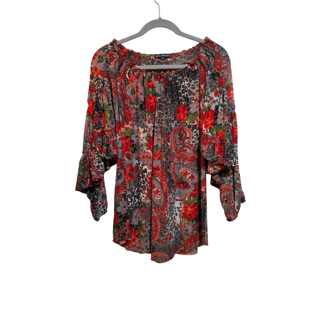 Mechant M Red Peasant Leopard Whimsigoth Roses Boho Top Ruffle‎ Sleeves Glam NWT